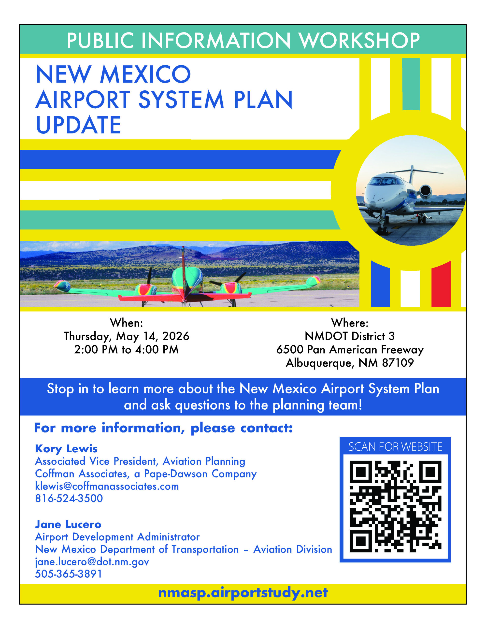 Public Information workshop Ad. May 14, 2026 from 2pm-4pm. Address 6500 Pan American Freeway, Albuquerque, NM 87109. For more info contact info is in footer of this site.